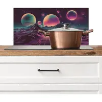 KitchenYeah Spatscherm keuken 70x30 cm - Kookplaat achterwand Landschap - Planeten - Horizon - Paars - Muurbeschermer - Spatwand fornuis - Hoogwaardig aluminium