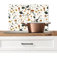 KitchenYeah Spatscherm keuken 60x40 cm - Kookplaat achterwand Terrazzo - Patroon - Wit - Terra - Muurbeschermer - Spatwand fornuis - Hoogwaardig aluminium