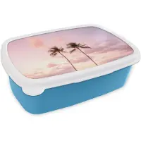 MuchoWow Broodtrommel Blauw - Lunchbox Palmbomen - Paars - Wolken - Lucht - Brooddoos 18x12x6 cm - Brood lunch box - Broodtrommels voor kinderen en volwassenen