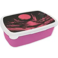 MuchoWow Broodtrommel Roze - Lunchbox Maan - Felroze - Bergen - Rivier - Brooddoos 18x12x6 cm - Brood lunch box - Broodtrommels voor kinderen en volwassenen
