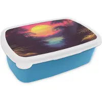 MuchoWow Broodtrommel Blauw - Lunchbox Zon - Geel - Palmbomen - Tropisch - Brooddoos 18x12x6 cm - Brood lunch box - Broodtrommels voor kinderen en volwassenen