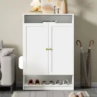 Merax Moderne schoenenkast met verstelbare legplanken - gouden handgrepen - schoenenkast met 2 deuren - wit - 73x34x109cm