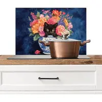 KitchenYeah Spatscherm keuken 70x50 cm - Kookplaat achterwand Kat - Felgekleurde bloemen - Vaas - Muurbeschermer - Spatwand fornuis - Hoogwaardig aluminium