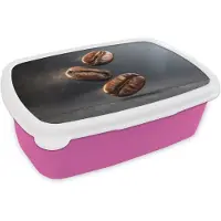 MuchoWow Broodtrommel Roze - Lunchbox Koffiebonen - Zwevend - Grijs - Brooddoos 18x12x6 cm - Brood lunch box - Broodtrommels voor kinderen en volwassenen