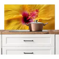 KitchenYeah Spatscherm keuken 100x50 cm - Kookplaat achterwand Geel - Hibiscus - Tropisch - Muurbeschermer - Spatwand fornuis - Hoogwaardig aluminium