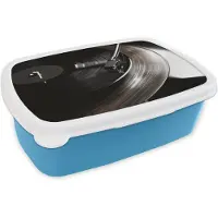 MuchoWow Broodtrommel Blauw - Lunchbox Close-up - Vinylplaat - Platenspeler - Zwart - Brooddoos 18x12x6 cm - Brood lunch box - Broodtrommels voor kinderen en volwassenen