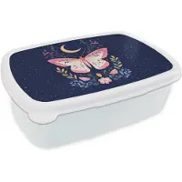 MuchoWow Broodtrommel Wit - Lunchbox Vlinder - Maan - Bloemen - Sterrenhemel - Brooddoos 18x12x6 cm - Brood lunch box - Broodtrommels voor kinderen en volwassenen