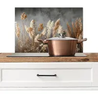 KitchenYeah Spatscherm keuken 60x40 cm - Kookplaat achterwand Gedroogde Veldbloemen - Grijs - Beton print - Muurbeschermer - Spatwand fornuis - Hoogwaardig aluminium