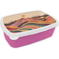 MuchoWow Broodtrommel Roze - Lunchbox Zon - Kleurrijk landschap - Bergen - Brooddoos 18x12x6 cm - Brood lunch box - Broodtrommels voor kinderen en volwassenen