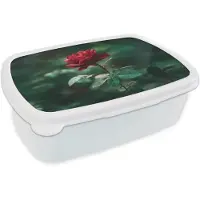 MuchoWow Broodtrommel Wit - Lunchbox Roos - Bladeren - Dieprood - Brooddoos 18x12x6 cm - Brood lunch box - Broodtrommels voor kinderen en volwassenen