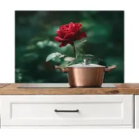 KitchenYeah Spatscherm keuken 80x55 cm - Kookplaat achterwand Roos - Bladeren - Dieprood - Muurbeschermer - Spatwand fornuis - Hoogwaardig aluminium