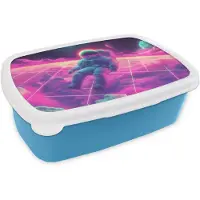 MuchoWow Broodtrommel Blauw - Lunchbox Astronaut - Neon - Roze - Wolken - Brooddoos 18x12x6 cm - Brood lunch box - Broodtrommels voor kinderen en volwassenen