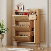 Merax Houten rotan schoenenkast - voor smalle ingangen - 3 schuine deuren en 1 lade - 90x17x125cm - Houtkleur
