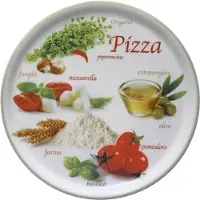 Saturnia Set van 6 Grote Pizzaborden Ø 33 cm – Porselein – Italiaanse Print met Groene Rand – Voor de Ultieme Pizza-Avond