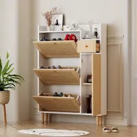 Merax Houten rotan schoenenkast - voor smalle ingangen - 3 schuine deuren en 1 lade - 90x17x125cm - Wit en Hout
