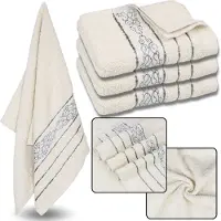 Sarcia.eu Roomkleurige Katoenen Handdoek met Decoratief Borduurwerk, Grijs Borduurwerk, Badhanddoek 70x135 cm