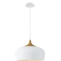 QUVIO Hanglamp Scandinavisch - Rond metaal met een houtlook - Diameter 33 cm - Wit en bruin