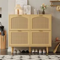 SINGULARITY Schoenenkast - Met 4 Uitklapbare Laden - Rotan Schoenenkast - Metalen Handvat - Houten Meubels - Rustieke Stijl - Afmetingen: 100 x 25 x 90 cm - Natuurlijke Kleur