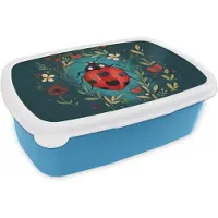 MuchoWow Broodtrommel Blauw - Lunchbox Bloemen - Lieveheersbeestje - Hartje - Rood - Brooddoos 18x12x6 cm - Brood lunch box - Broodtrommels voor kinderen en volwassenen