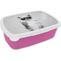 MuchoWow Broodtrommel Roze - Lunchbox Kat - Zonnebril - Wijnglas - Langharig - Brooddoos 18x12x6 cm - Brood lunch box - Broodtrommels voor kinderen en volwassenen