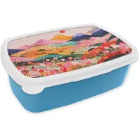 MuchoWow Broodtrommel Blauw - Lunchbox Kleurrijke bloemen - Bergen - Fantasielandschap - Brooddoos 18x12x6 cm - Brood lunch box - Broodtrommels voor kinderen en volwassenen