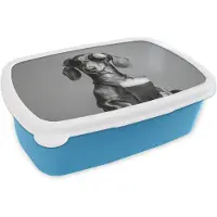 MuchoWow Broodtrommel Blauw - Lunchbox Teckel - Bier - Glas - Bril - Brooddoos 18x12x6 cm - Brood lunch box - Broodtrommels voor kinderen en volwassenen