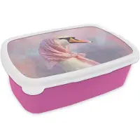 MuchoWow Broodtrommel Roze - Lunchbox Zwaan - Sjaaltje - Pastelwolken - Brooddoos 18x12x6 cm - Brood lunch box - Broodtrommels voor kinderen en volwassenen