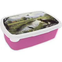 MuchoWow Broodtrommel Roze - Lunchbox Kat - Beekje - Weide - Brooddoos 18x12x6 cm - Brood lunch box - Broodtrommels voor kinderen en volwassenen