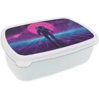 MuchoWow Broodtrommel Wit - Lunchbox Astronaut - Maan - Roze - Sterrennevels - Brooddoos 18x12x6 cm - Brood lunch box - Broodtrommels voor kinderen en volwassenen