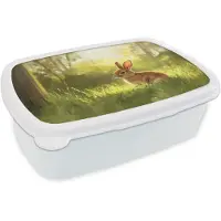 MuchoWow Broodtrommel Wit - Lunchbox Konijn - Zonlicht - Bos - Brooddoos 18x12x6 cm - Brood lunch box - Broodtrommels voor kinderen en volwassenen