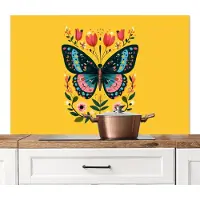 KitchenYeah Spatscherm keuken 120x80 cm - Kookplaat achterwand Bloemen - Kleurrijk - Vlinder - Sierlijk - Muurbeschermer - Spatwand fornuis - Hoogwaardig aluminium