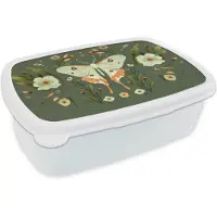 MuchoWow Broodtrommel Wit - Lunchbox Bloemen - Bladeren - Olijfgroen - Vlinder - Brooddoos 18x12x6 cm - Brood lunch box - Broodtrommels voor kinderen en volwassenen