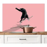 KitchenYeah Spatscherm keuken 120x80 cm - Kookplaat achterwand Kat - Skateboard - Roze - Muurbeschermer - Spatwand fornuis - Hoogwaardig aluminium