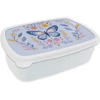 MuchoWow Broodtrommel Wit - Lunchbox Vlinder - Lichtblauw - Sierlijk - Bloemen - Brooddoos 18x12x6 cm - Brood lunch box - Broodtrommels voor kinderen en volwassenen