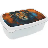 MuchoWow Broodtrommel Wit - Lunchbox Schilderij - Leeuwenkop - Oranje - Brooddoos 18x12x6 cm - Brood lunch box - Broodtrommels voor kinderen en volwassenen