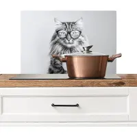 KitchenYeah Spatscherm keuken 70x50 cm - Kookplaat achterwand Kat - Bril - Mok - Pluizig - Muurbeschermer - Spatwand fornuis - Hoogwaardig aluminium