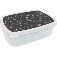 MuchoWow Broodtrommel Wit - Lunchbox Terrazzo - Patroon - Zwart - Zacht - Brooddoos 18x12x6 cm - Brood lunch box - Broodtrommels voor kinderen en volwassenen