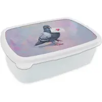 MuchoWow Broodtrommel Wit - Lunchbox Duif - Envelop - Paars - Brooddoos 18x12x6 cm - Brood lunch box - Broodtrommels voor kinderen en volwassenen