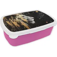 MuchoWow Broodtrommel Roze - Lunchbox Portret - Leeuw - Abstract - Goud - Brooddoos 18x12x6 cm - Brood lunch box - Broodtrommels voor kinderen en volwassenen