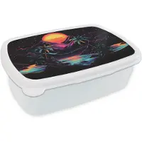 MuchoWow Broodtrommel Wit - Lunchbox Palmbomen - Neonbergen - Sterrenhemel - Zon - Brooddoos 18x12x6 cm - Brood lunch box - Broodtrommels voor kinderen en volwassenen