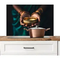 KitchenYeah Spatscherm keuken 80x55 cm - Kookplaat achterwand Goud - Kom - Blauw - Muurbeschermer - Spatwand fornuis - Hoogwaardig aluminium