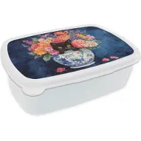 MuchoWow Broodtrommel Wit - Lunchbox Kat - Felgekleurde bloemen - Vaas - Brooddoos 18x12x6 cm - Brood lunch box - Broodtrommels voor kinderen en volwassenen