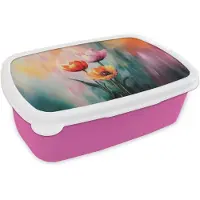 MuchoWow Broodtrommel Roze - Lunchbox Dromerig - Bloemen - Verfijnde details - Brooddoos 18x12x6 cm - Brood lunch box - Broodtrommels voor kinderen en volwassenen