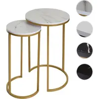 Mendler Set van 2 bijzettafels HWC-K46, geschikt als salontafel, nachtkastje of loungetafel, met een marmerlook afwerking, MDF, wit en goud