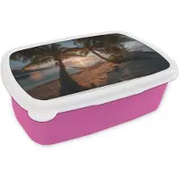 MuchoWow Broodtrommel Roze - Lunchbox Palmbomen - Hangmat - Strand - Zonsondergang - Brooddoos 18x12x6 cm - Brood lunch box - Broodtrommels voor kinderen en volwassenen