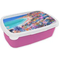 MuchoWow Broodtrommel Roze - Lunchbox Bloemenweide - Zee - Zomers - Brooddoos 18x12x6 cm - Brood lunch box - Broodtrommels voor kinderen en volwassenen