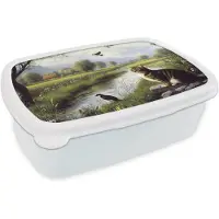 MuchoWow Broodtrommel Wit - Lunchbox Kat - Beekje - Weide - Brooddoos 18x12x6 cm - Brood lunch box - Broodtrommels voor kinderen en volwassenen
