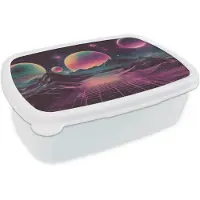 MuchoWow Broodtrommel Wit - Lunchbox Landschap - Planeten - Horizon - Paars - Brooddoos 18x12x6 cm - Brood lunch box - Broodtrommels voor kinderen en volwassenen