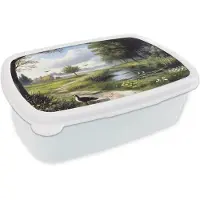 MuchoWow Broodtrommel Wit - Lunchbox Zandpad - Groen landschap - Water - Brooddoos 18x12x6 cm - Brood lunch box - Broodtrommels voor kinderen en volwassenen