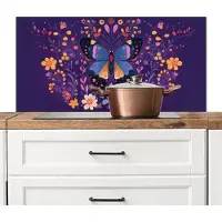 KitchenYeah Spatscherm keuken 100x50 cm - Kookplaat achterwand Sierlijk - Bloemen - Vlinder - Paars - Muurbeschermer - Spatwand fornuis - Hoogwaardig aluminium